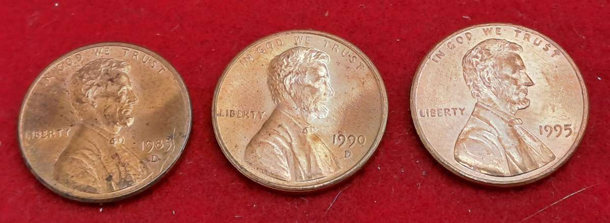 1985(D) ,1990(D) and 1995 United States 1 Cent Coins "Lincoln Memorial Cent" (bid is for all 3)