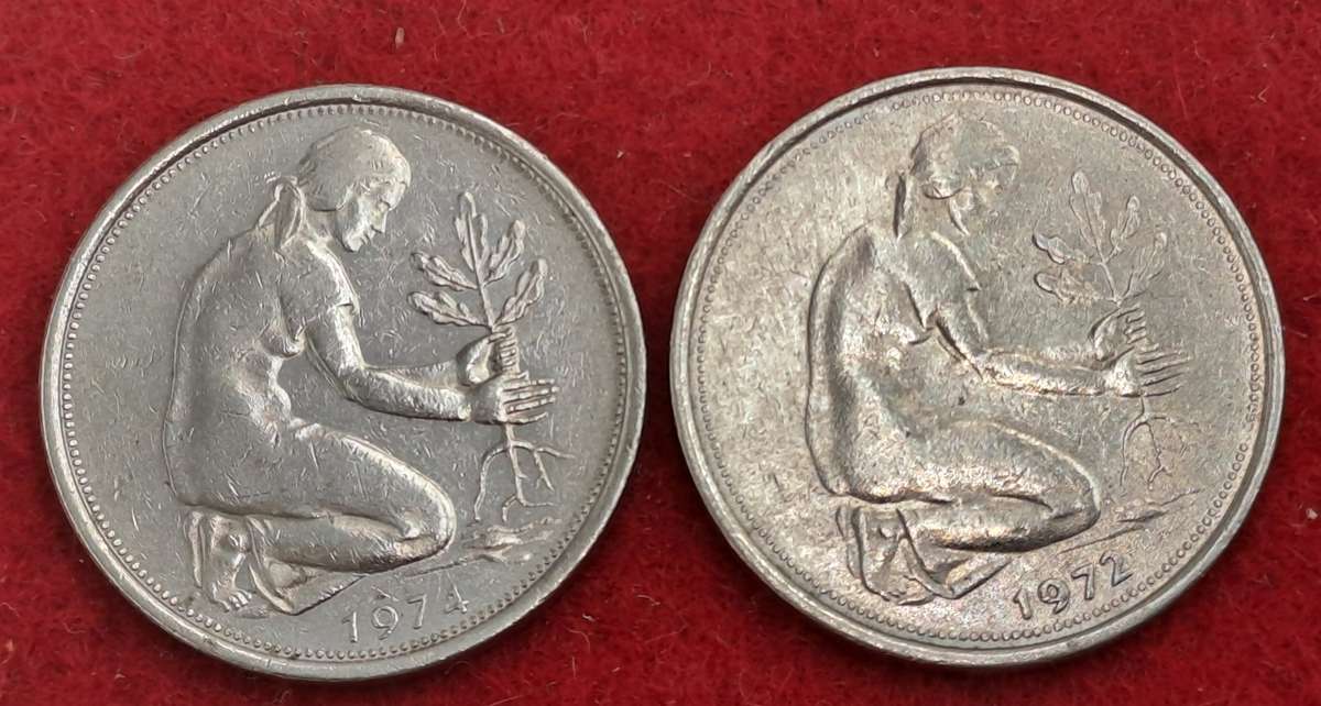 1972 and 1974 Germany 50 Pfennigs coins