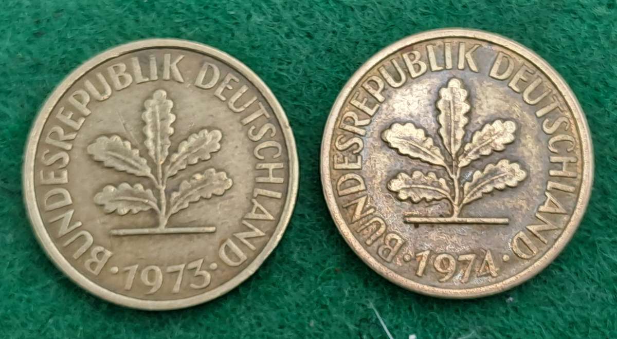 1973 (f) and 1974 (d) Germany 5 Pfennigs coins