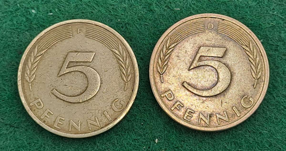 1973 (f) and 1974 (d) Germany 5 Pfennigs coins