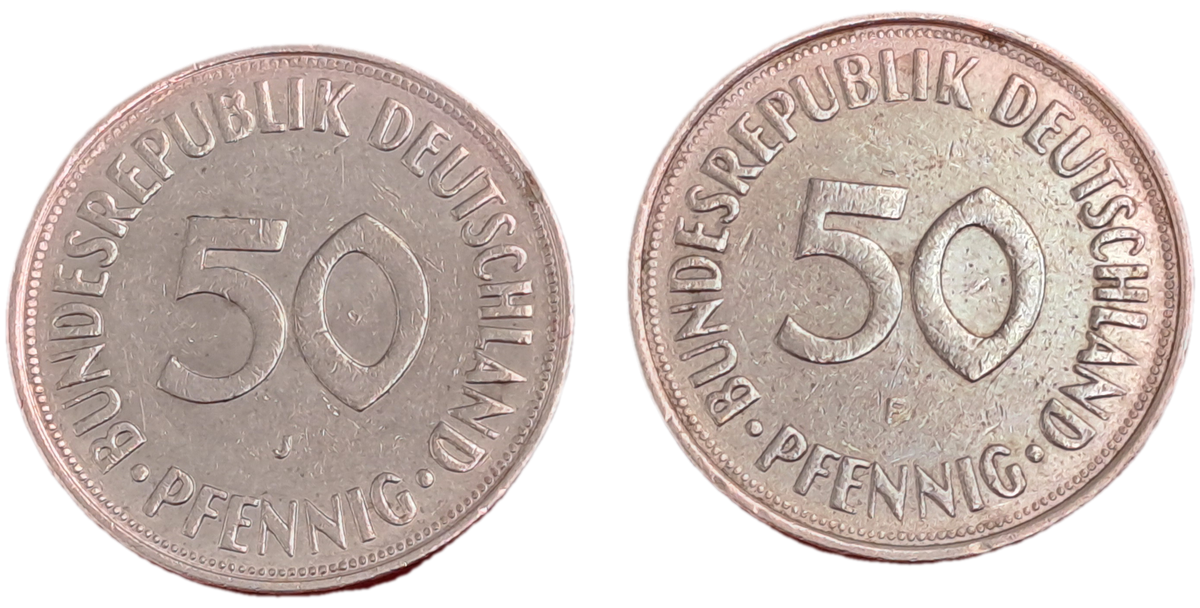 1972 and 1974 Germany 50 Pfennigs coins