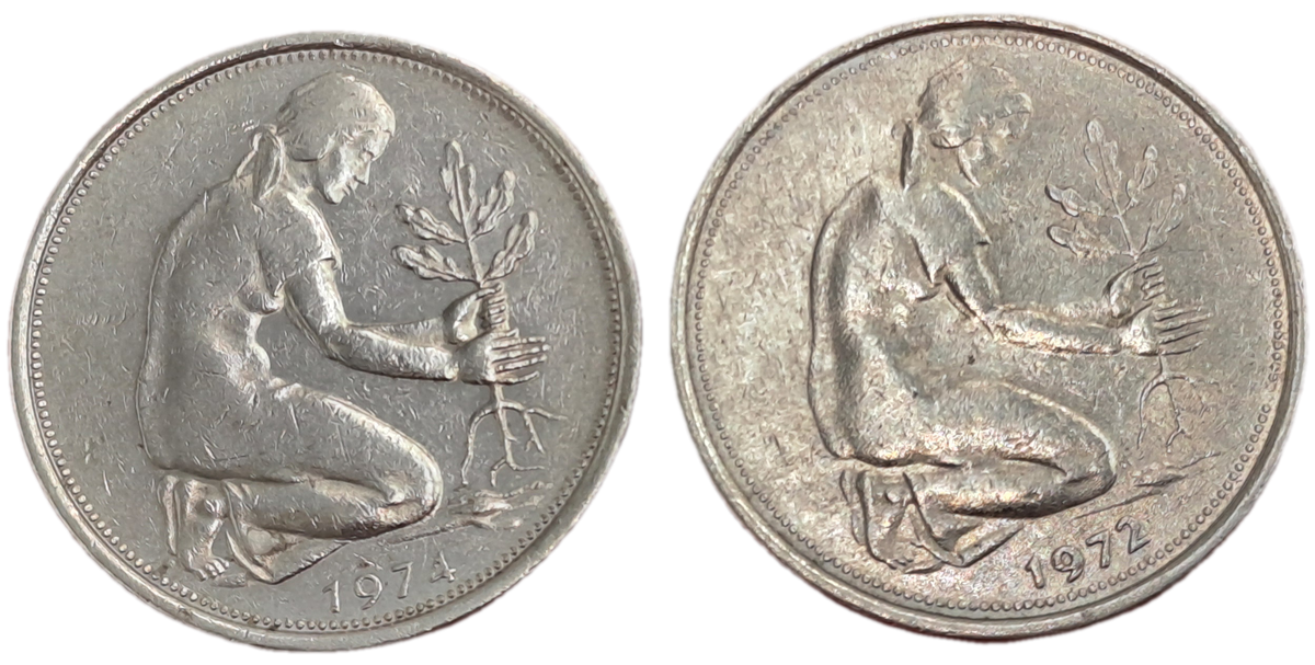 1972 and 1974 Germany 50 Pfennigs coins