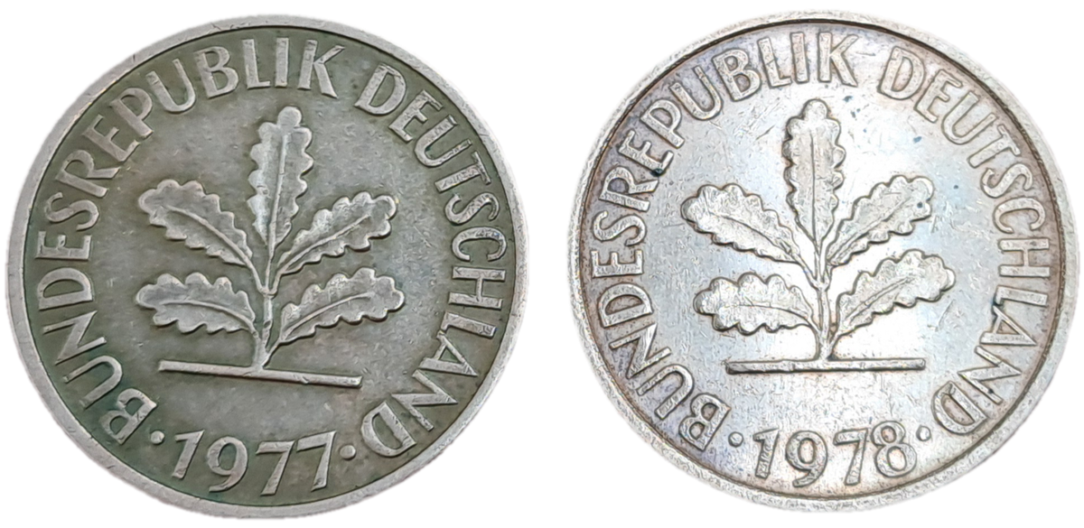 1977 and 1978 Germany 2 Pfennigs coins