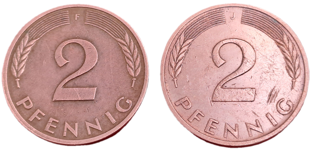 1977 and 1978 Germany 2 Pfennigs coins