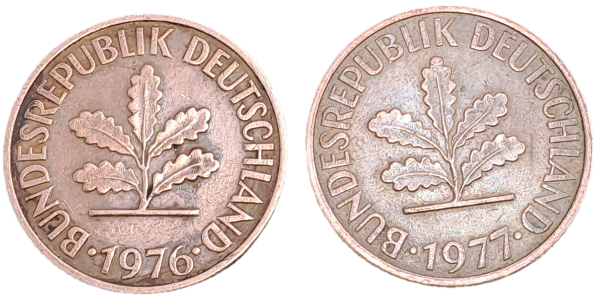 1976 and 1977 Germany 2 Pfennigs coins