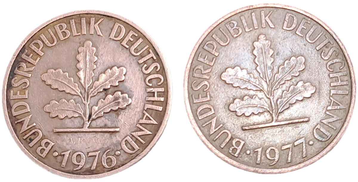 1976 and 1977 Germany 2 Pfennigs coins