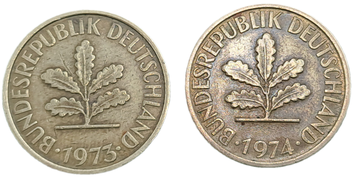 1973 (f) and 1974 (d) Germany 5 Pfennigs coins