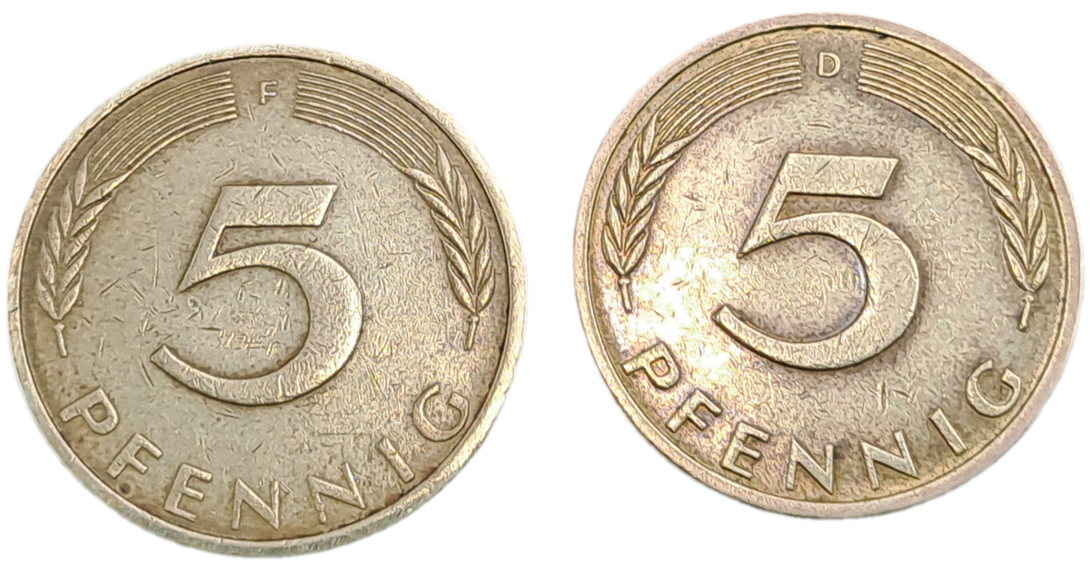 1973 (f) and 1974 (d) Germany 5 Pfennigs coins