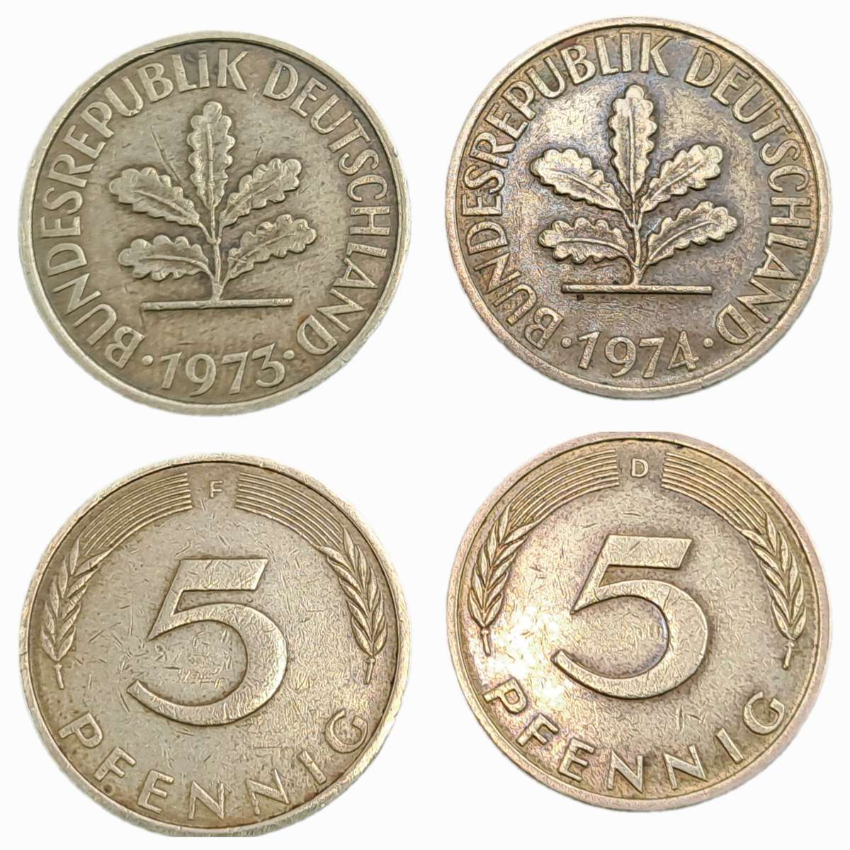 1973 (f) and 1974 (d) Germany 5 Pfennigs coins
