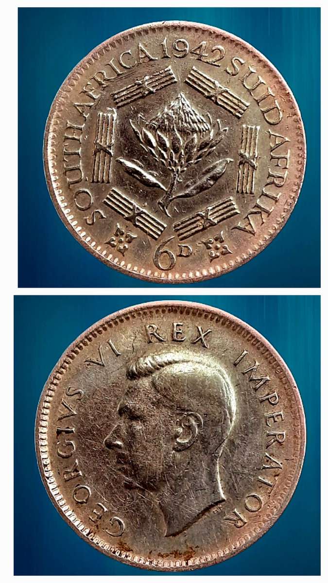 1942 South Africa  SILVER 6 Pence - George VI Rex Imperator