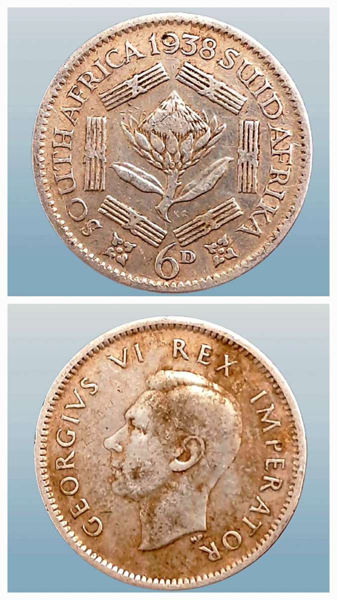 1938 South Africa 6 Pence 80% Silver - George VI Rex Imperator