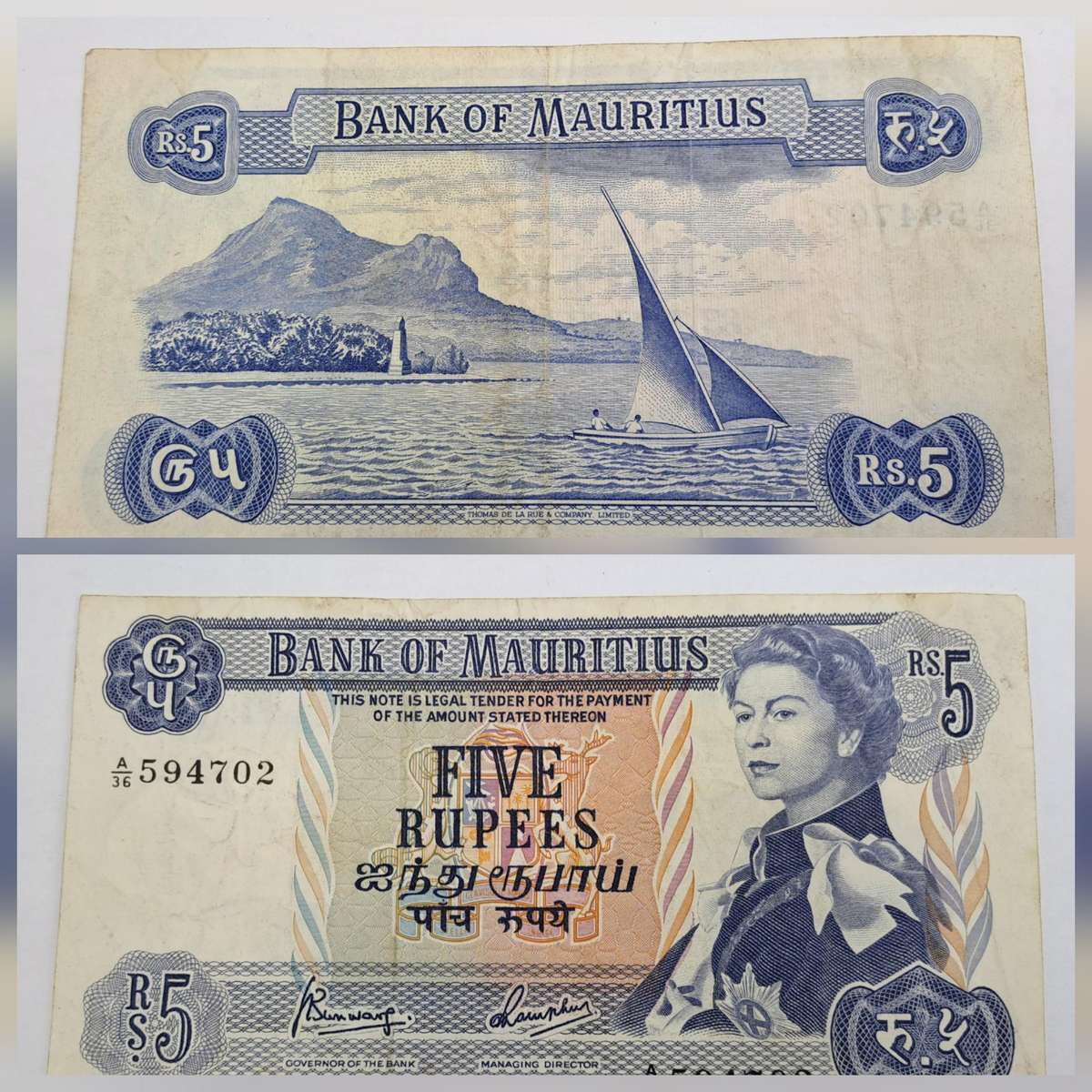 1967-1982 Mauritius 5 Rupees Banknote -DODO Watermark
