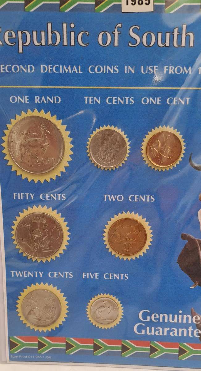 1985 Republic Of South Africa full set of 7 Coins on a Printed Sheet-Circulated Coins