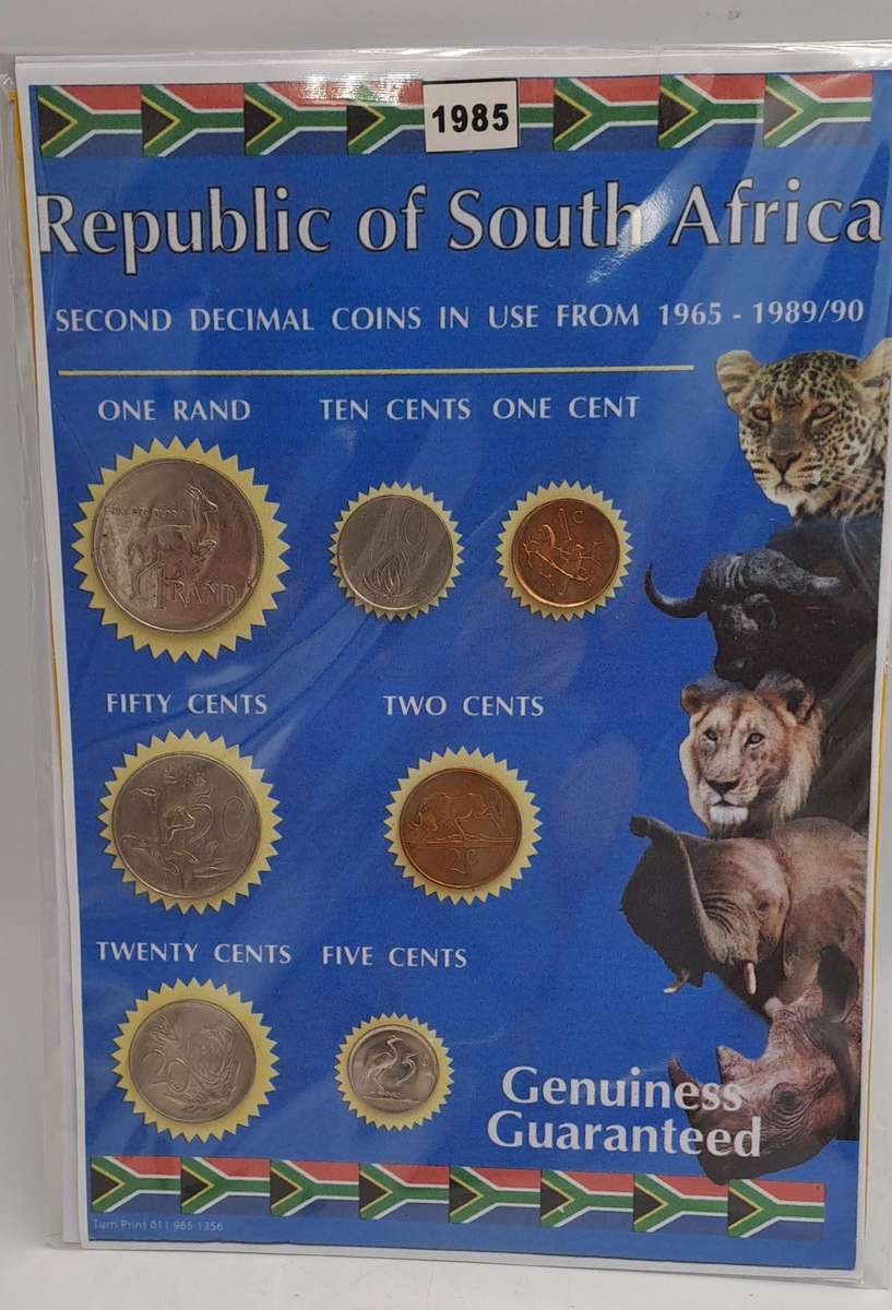 1985 Republic Of South Africa full set of 7 Coins on a Printed Sheet-Circulated Coins