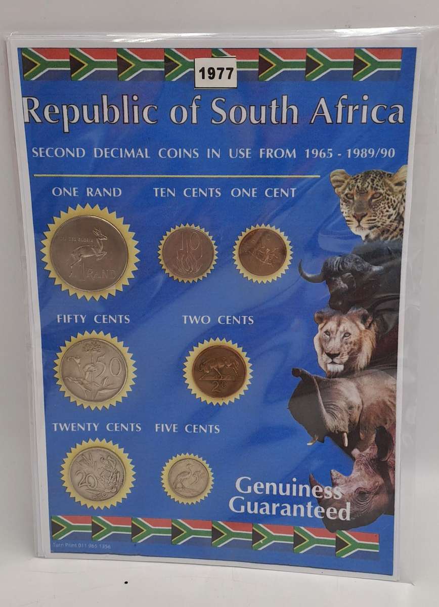 1977 Republic Of South Africa full set of 7 Coins on a Printed Sheet-Circulated Coins