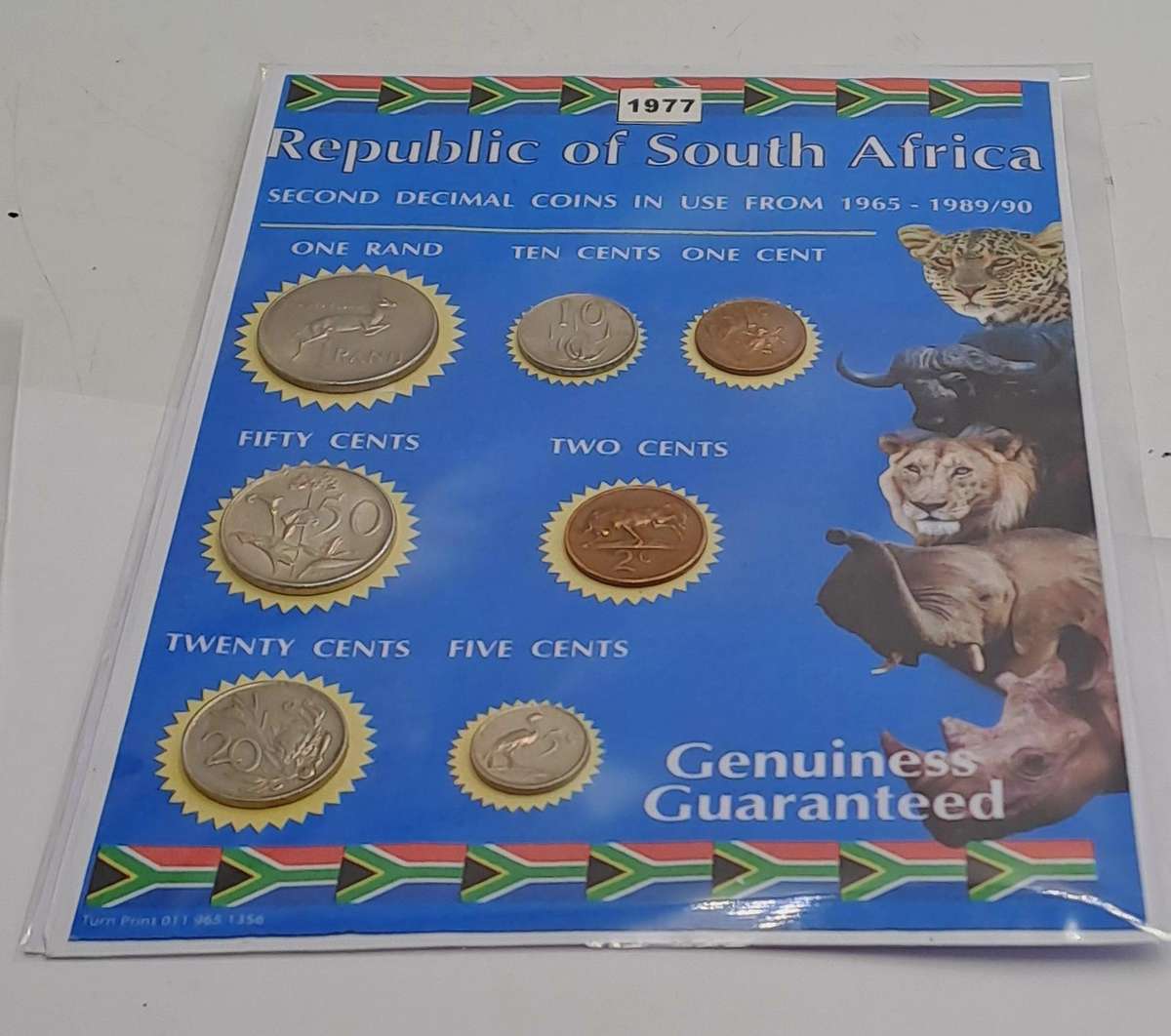 1977 Republic Of South Africa full set of 7 Coins on a Printed Sheet-Circulated Coins