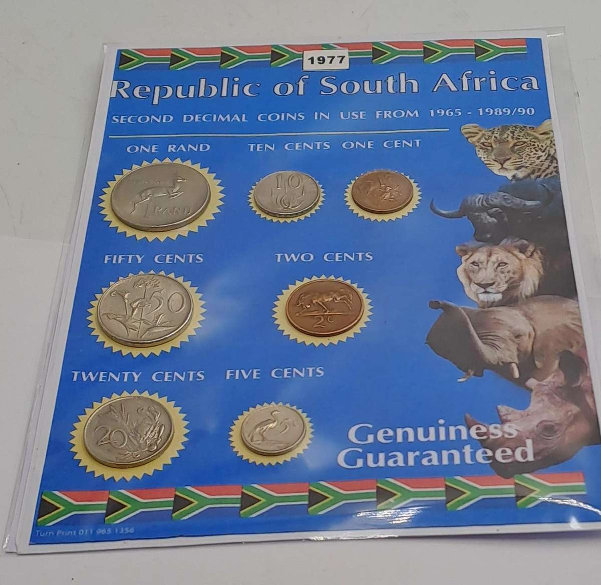 1977 Republic Of South Africa full set of 7 Coins on a Printed Sheet-Circulated Coins