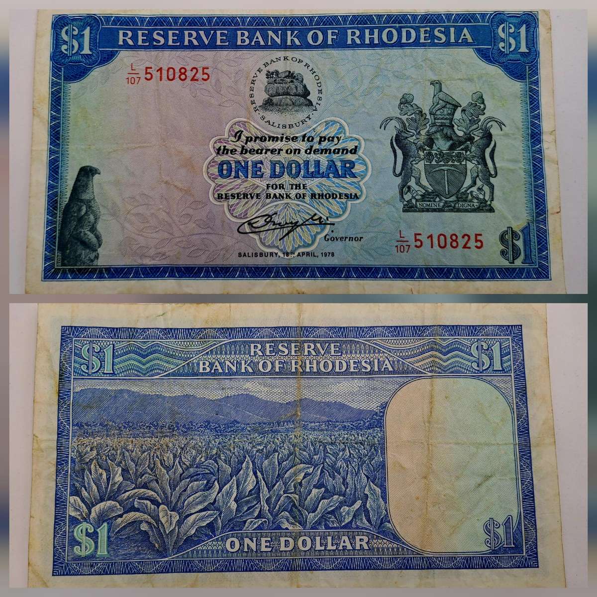 1978 Rhodesia 1 Dollar Bank Note (Rhodes Watermark)