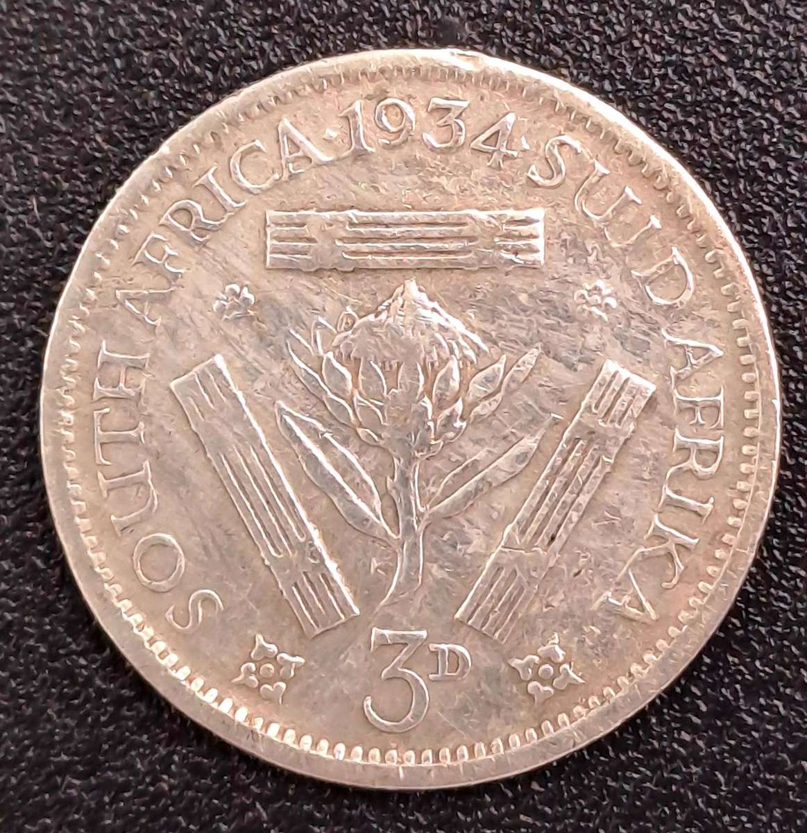 1934 South Africa Union Silver 3 Pence -George V SUID-AFRIKA 3D
