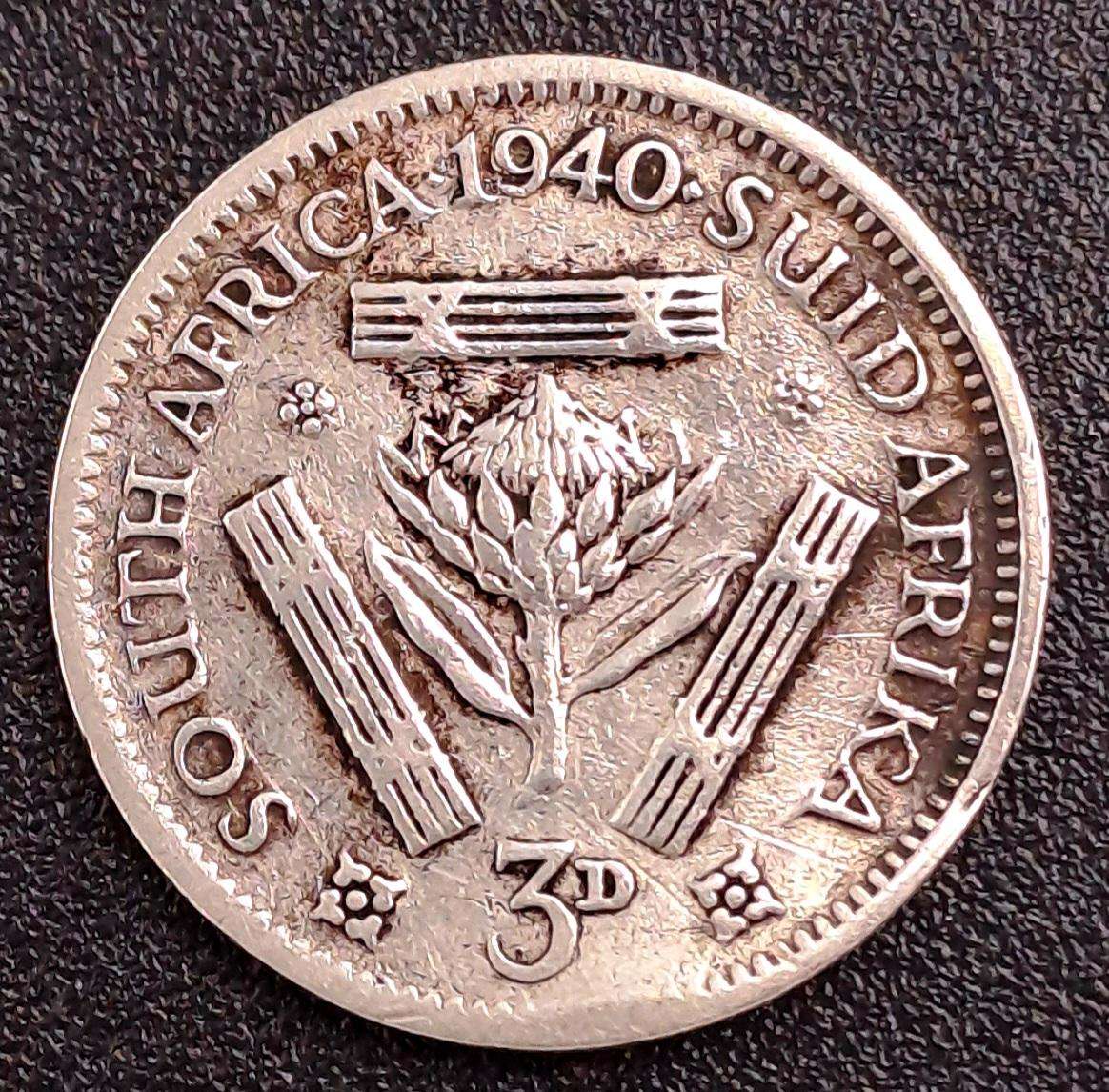 1940 South Africa Union Silver 3 Pence -George VI Rex Imperator