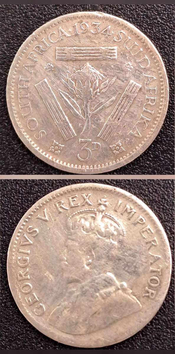1934 South Africa Union Silver 3 Pence -George V SUID-AFRIKA 3D