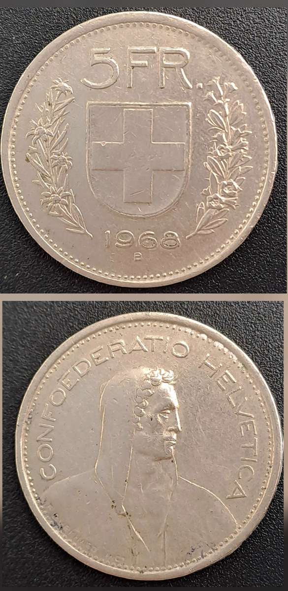 1968 Switzerland 5 Francs Herdsman, copper-nickel, embossed edge