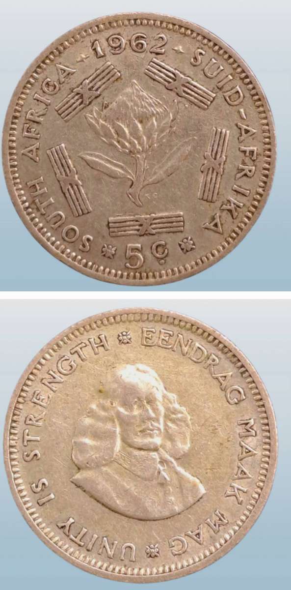 1962 South Africa  Silver (.500) 5 Cents 1st decimal series