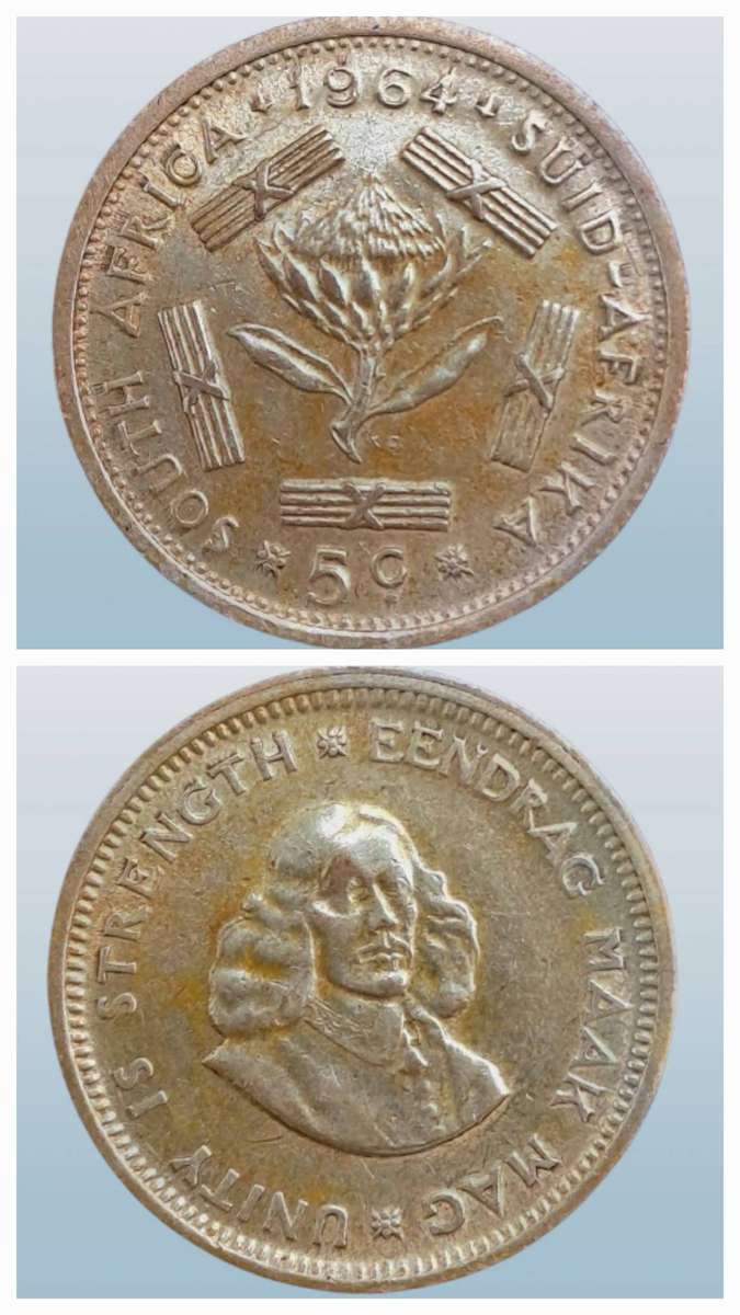 1964 South Africa  Silver (.500) 5 Cents 1st decimal series