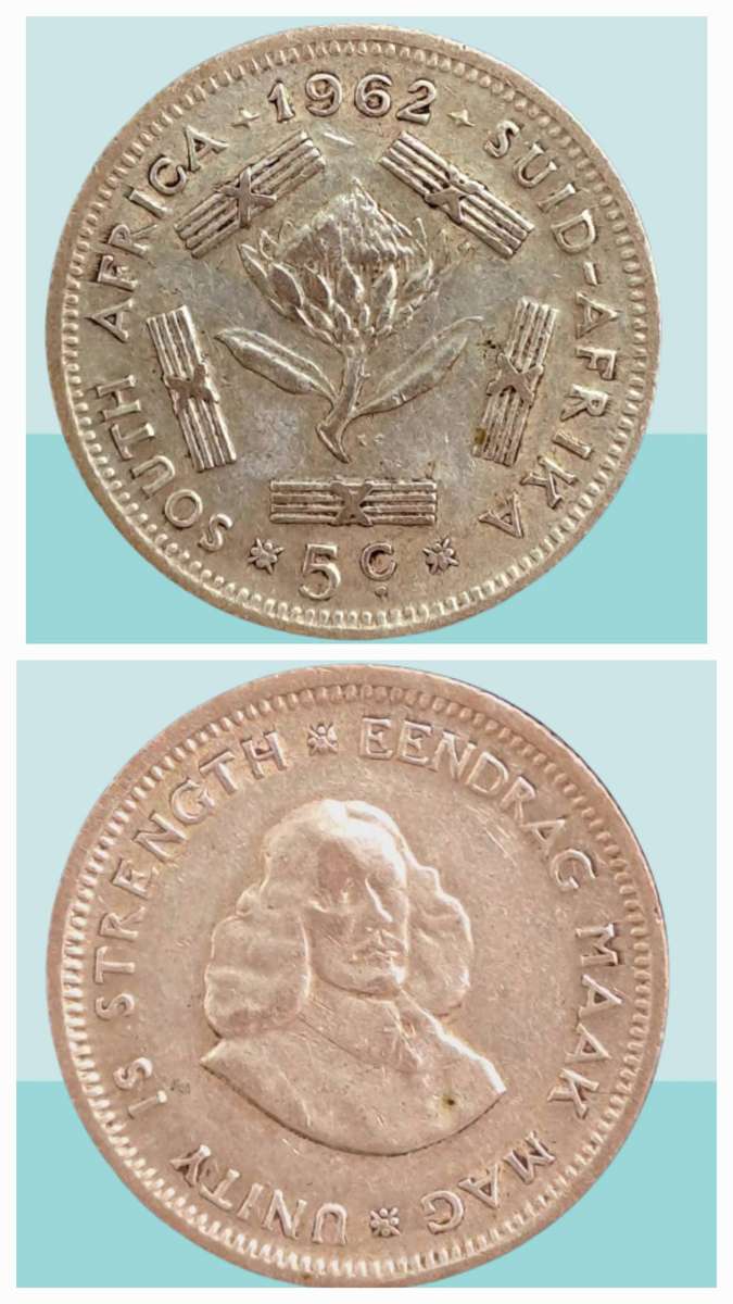 1962 South Africa  Silver (.500) 5 Cents 1st decimal series