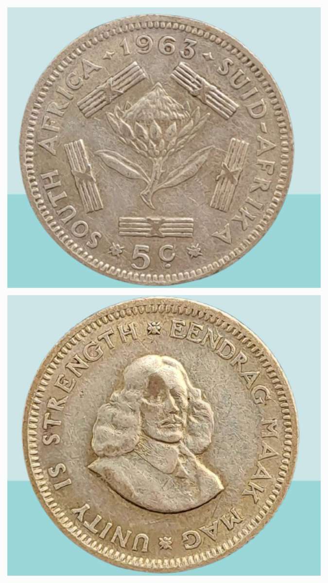 1963 South Africa  Silver (.500) 5 Cents 1st decimal series