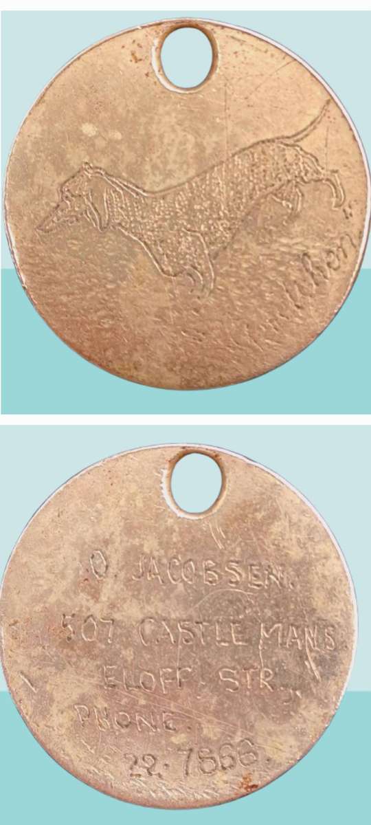1930's Dog Tag -Engraved -Castle Mans Eloff Street Phone 22-7866(Johannesburg Castle Mansions)