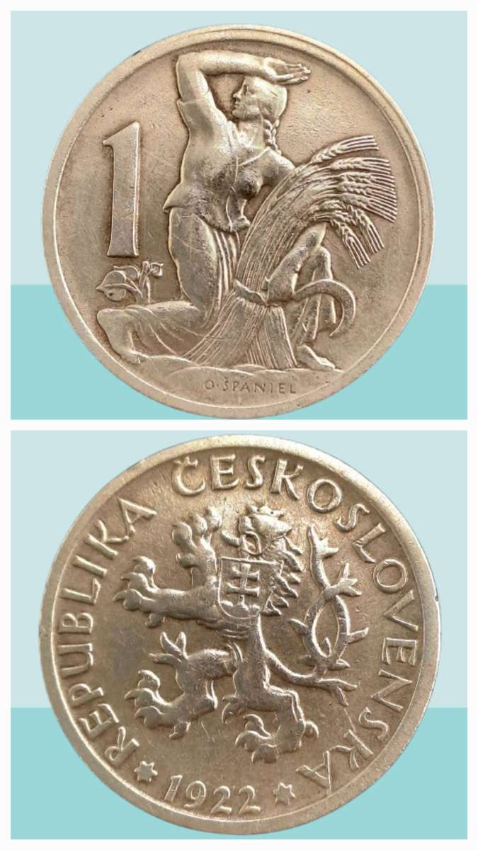 Antique 1922  Czechoslovakia 1 Koruna Coin