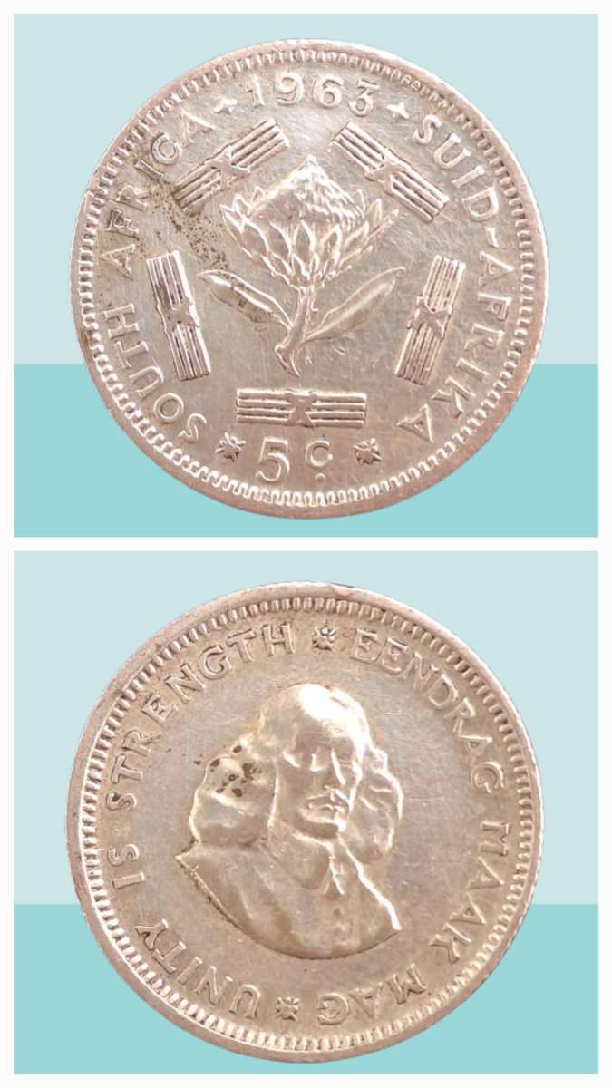 1963 South Africa  Silver (.500) 5 Cents 1st decimal series