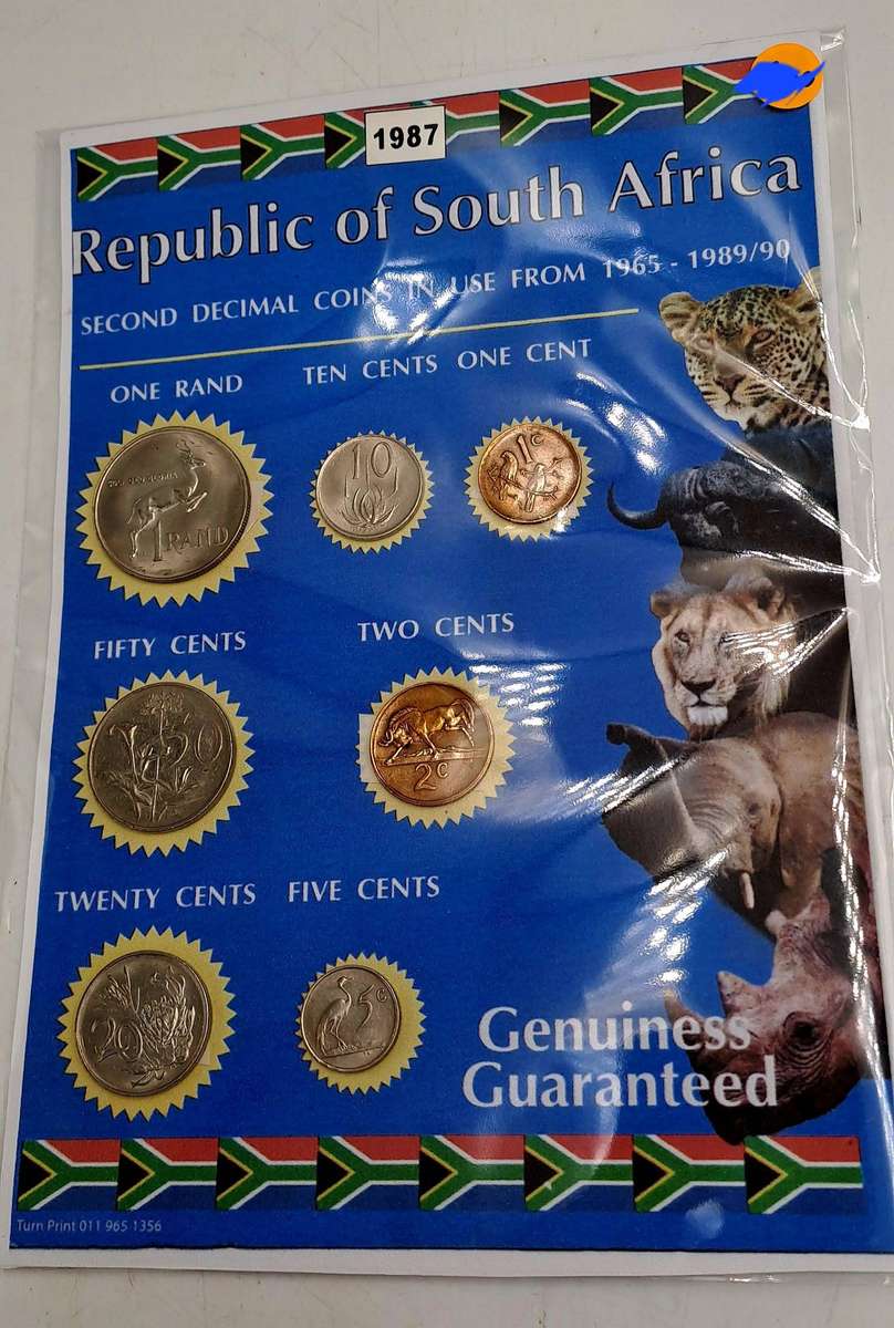 1987 Republic Of South Africa full set of 7 Coins on a Printed Sheet-Circulated Coins