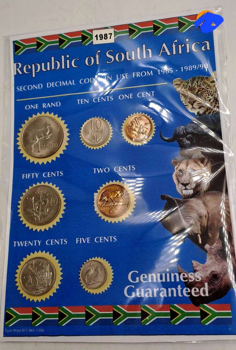 1987 Republic Of South Africa full set of 7 Coins on a Printed Sheet-Circulated Coins
