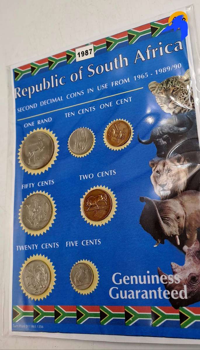 1987 Republic Of South Africa full set of 7 Coins on a Printed Sheet-Circulated Coins