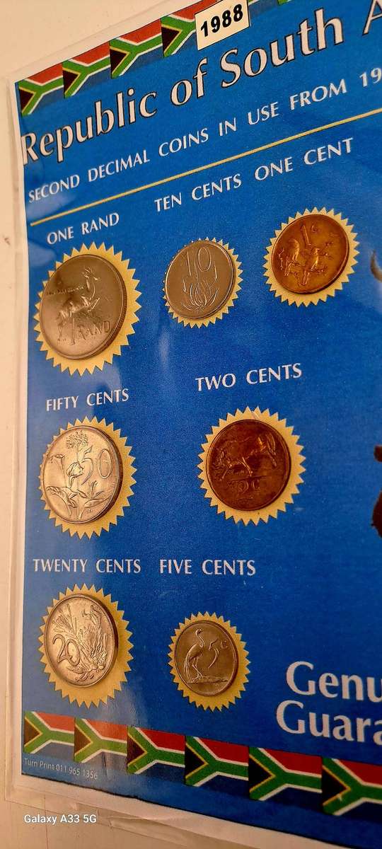 1988 Republic Of South Africa full set of 7 Coins on a Printed Sheet-Circulated Coins