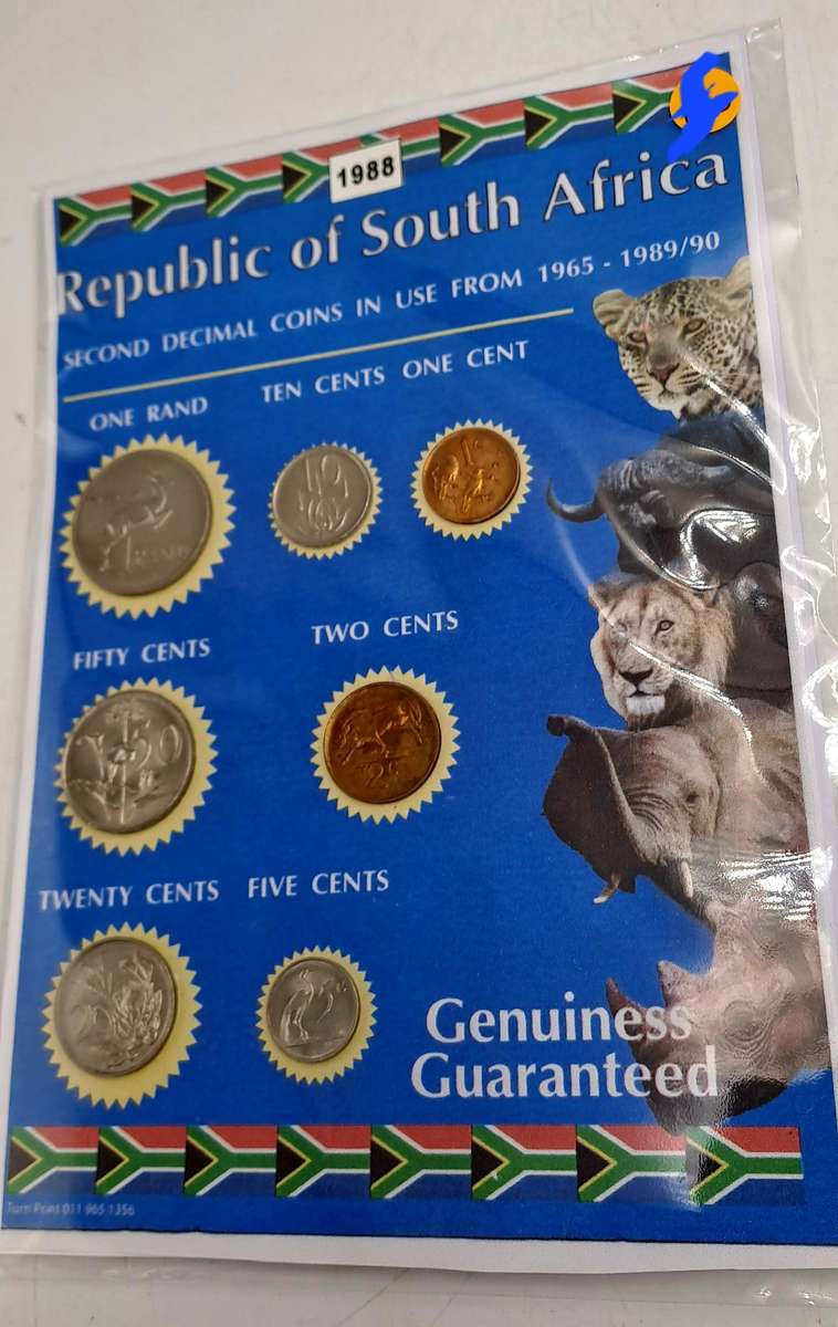 1988 Republic Of South Africa full set of 7 Coins on a Printed Sheet-Circulated Coins