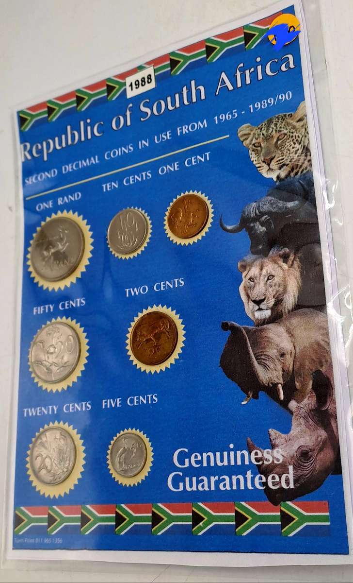 1988 Republic Of South Africa full set of 7 Coins on a Printed Sheet-Circulated Coins