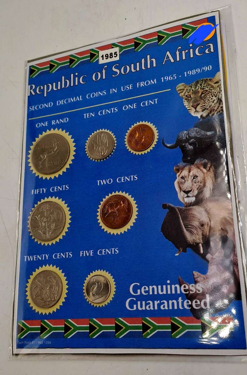 1985 Republic Of South Africa full set of 7 Coins on a Printed Sheet-Circulated Coins
