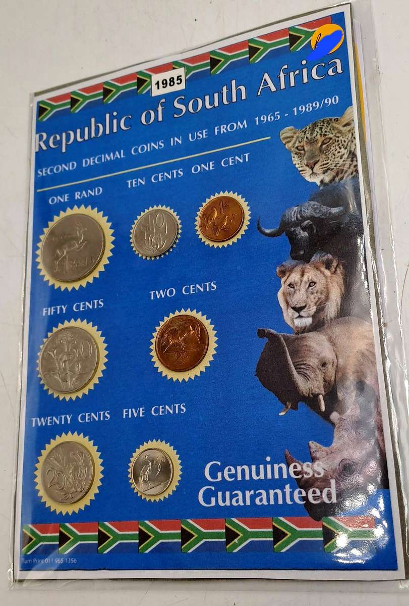 1985 Republic Of South Africa full set of 7 Coins on a Printed Sheet-Circulated Coins