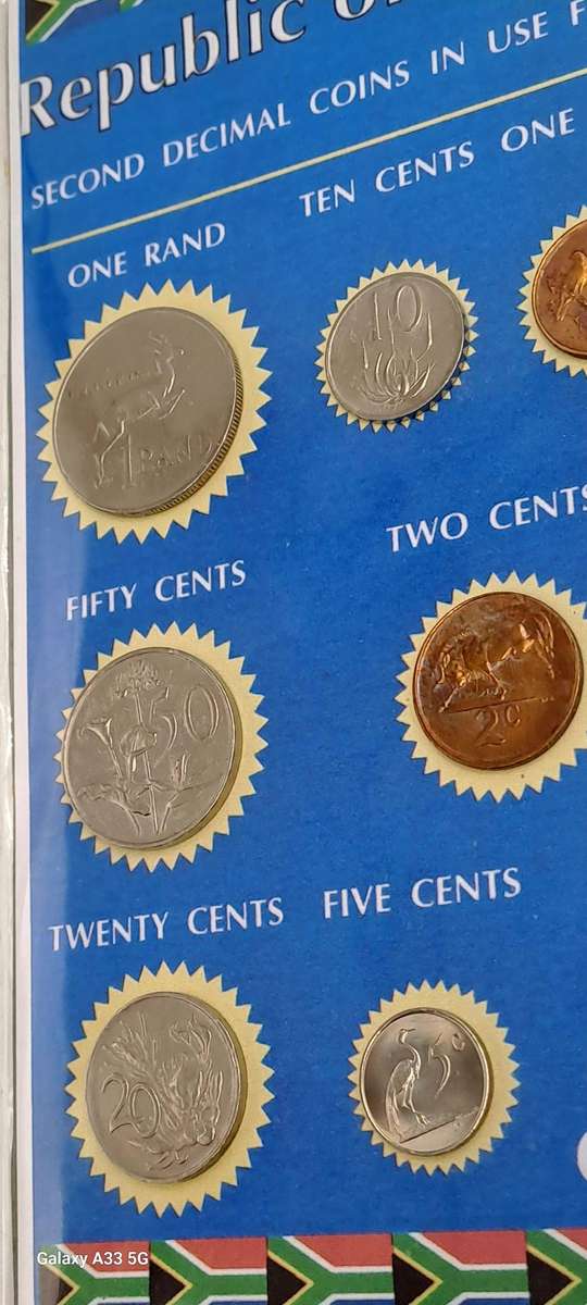 1985 Republic Of South Africa full set of 7 Coins on a Printed Sheet-Circulated Coins