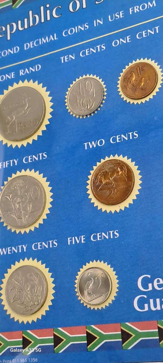 1985 Republic Of South Africa full set of 7 Coins on a Printed Sheet-Circulated Coins