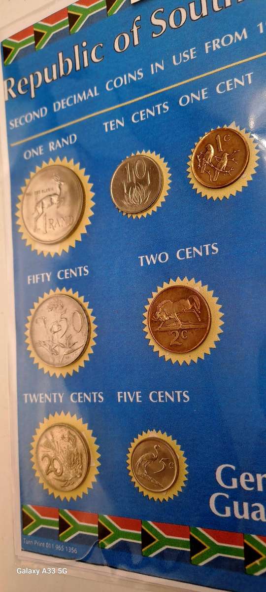 1987 Republic Of South Africa full set of 7 Coins on a Printed Sheet-Circulated Coins