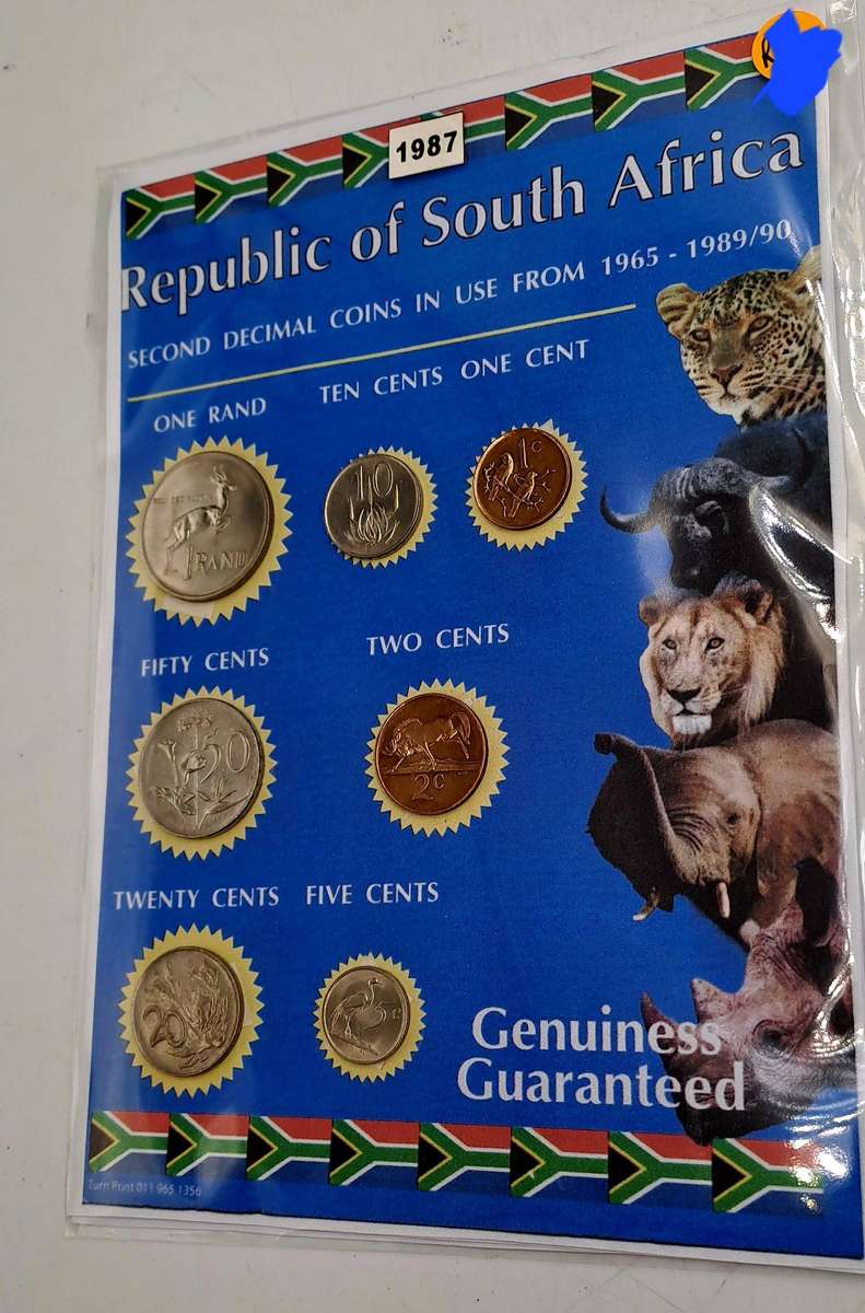 1987 Republic Of South Africa full set of 7 Coins on a Printed Sheet-Circulated Coins