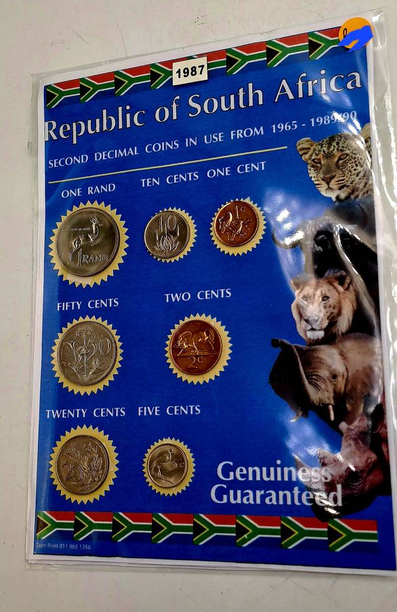 1987 Republic Of South Africa full set of 7 Coins on a Printed Sheet-Circulated Coins