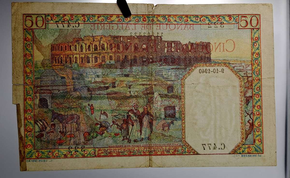 Rare 1940 -Tunisia 50 Francs watermark "head"- Banknote