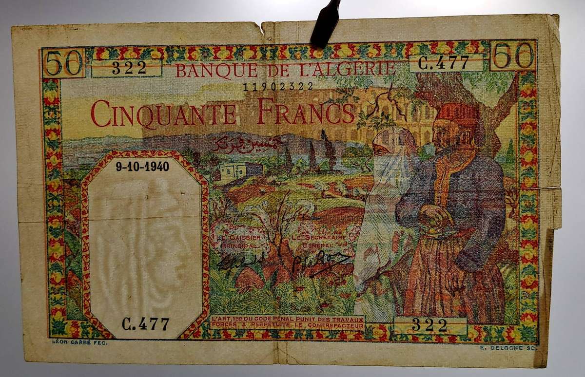Rare 1940 -Tunisia 50 Francs watermark "head"- Banknote