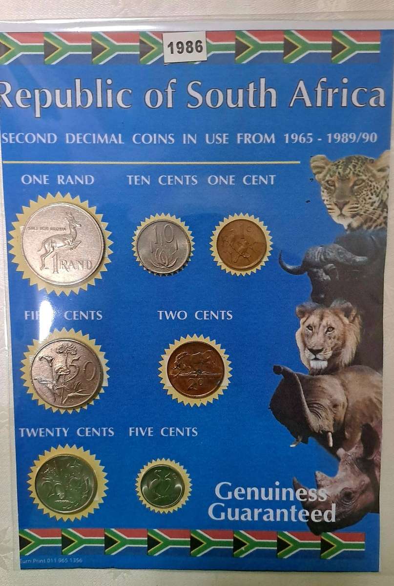 1986 Republic Of South Africa full set of 7 Coins on a Printed Sheet-Circulated Coins