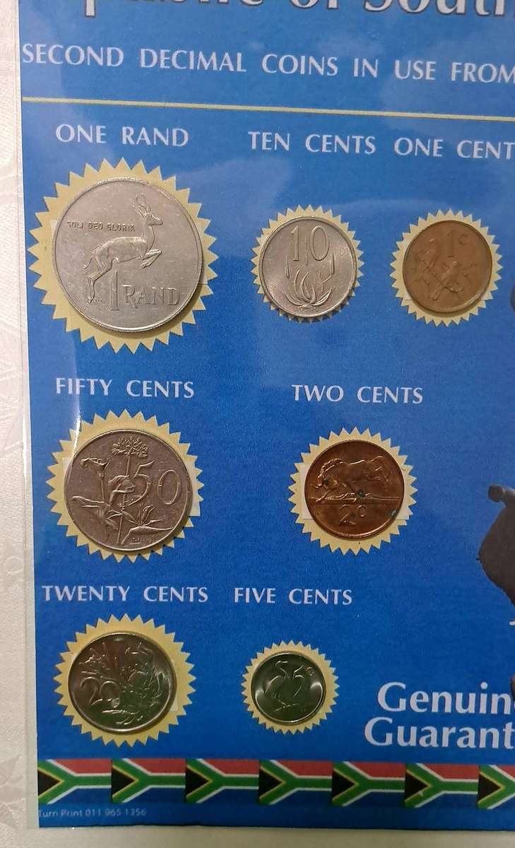 1986 Republic Of South Africa full set of 7 Coins on a Printed Sheet-Circulated Coins